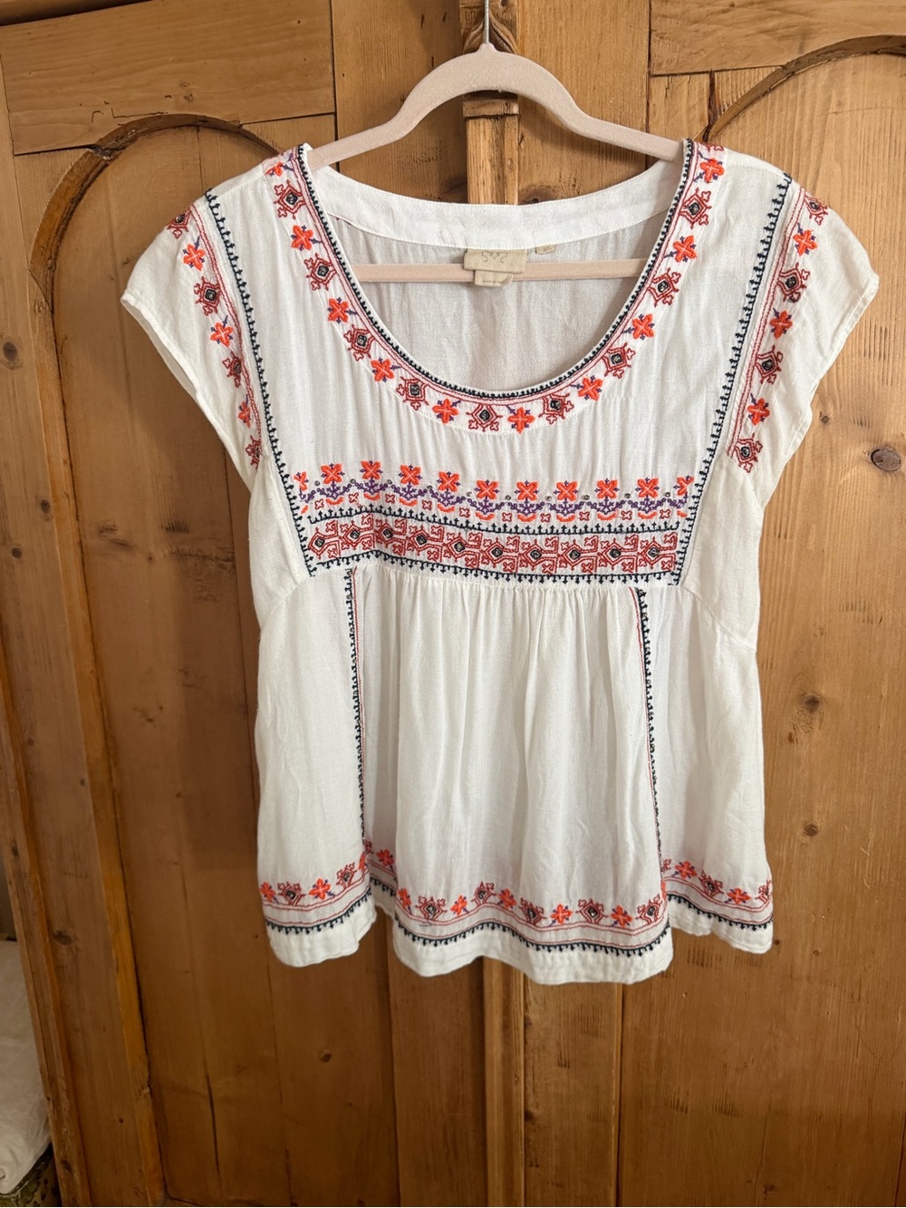Anthropologie White Boho Peasant Top with Red Embroidery